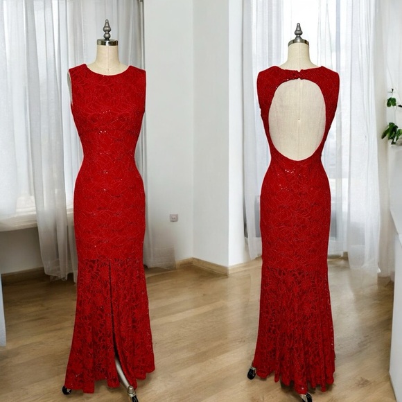 Adrianna Papell Red Sequin Lace Open Back Maxi Dress Formal Gown Medium
